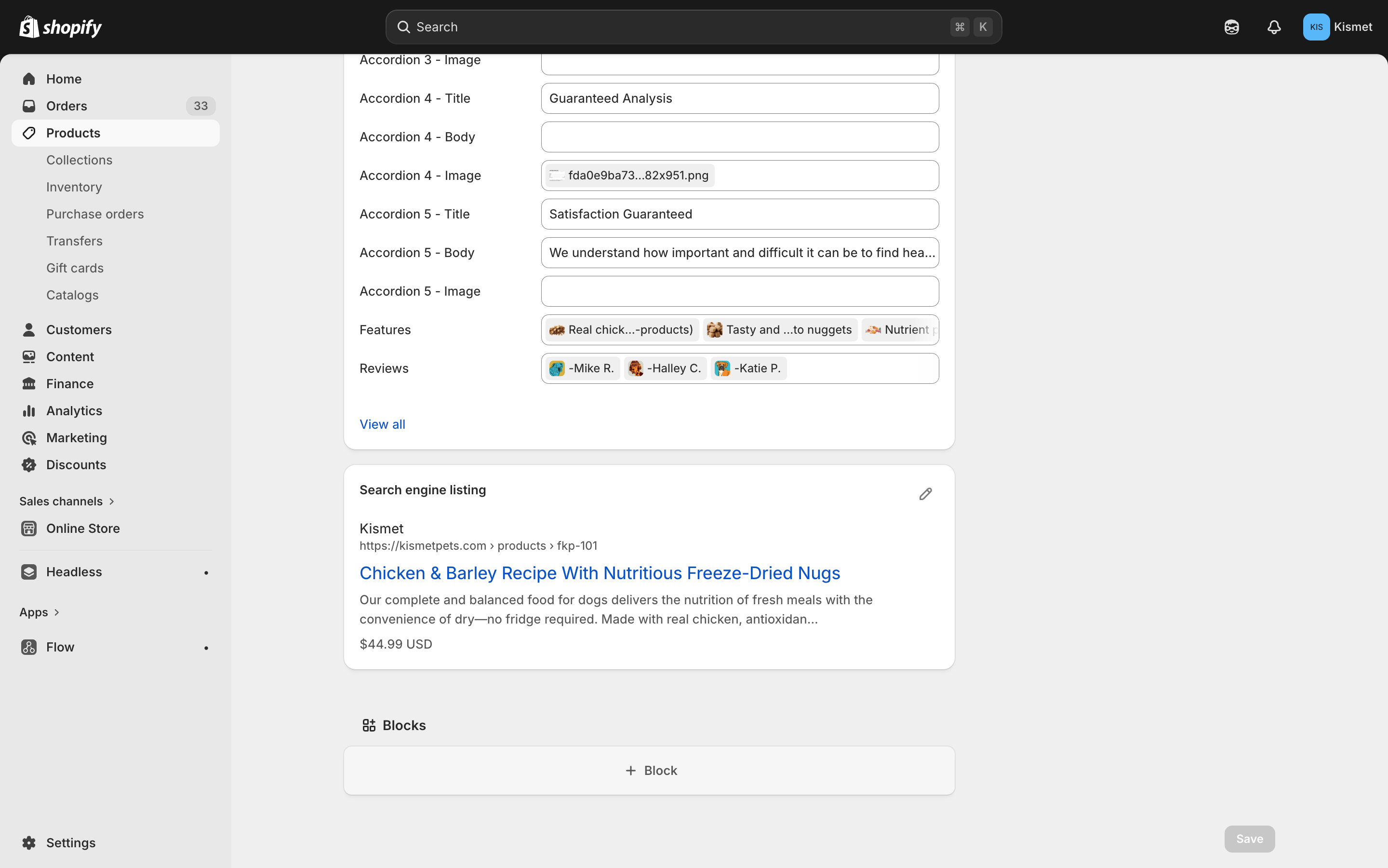Product metafields — features, reviews, SEO